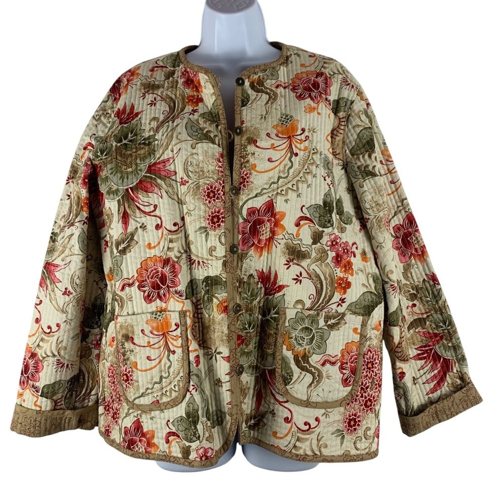 Alfred Dunner Floral Quilted Jacket Buttons Cotton Blend Womens SZ 12 Outerwear